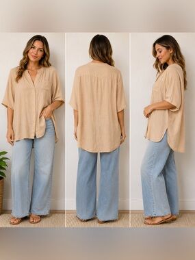 Women’s Relaxed Button-Up Shirt Top - Beige